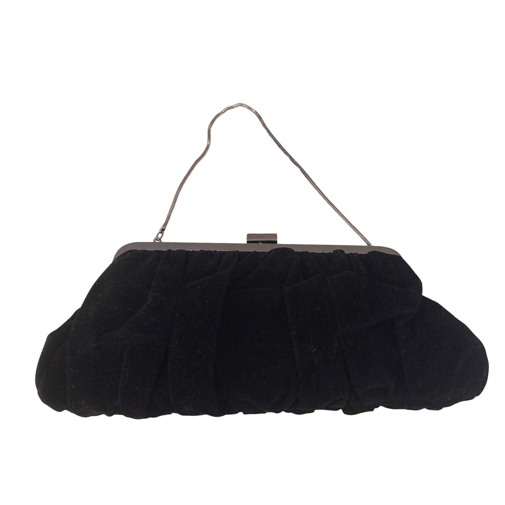 Black Velvet Pleated Evening Clutch Bag Pink Lining Snake Chain Strap Glam